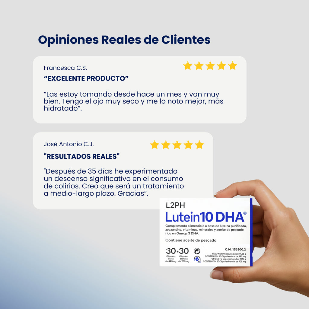 LUTEIN10 DHA 30 + 30 CÁPSULAS® | Previene y frena: Perdida de Visión, Deg. Mac. Seca y Húmeda, Retinopatía diabética y Manchas o moscas en la vista.