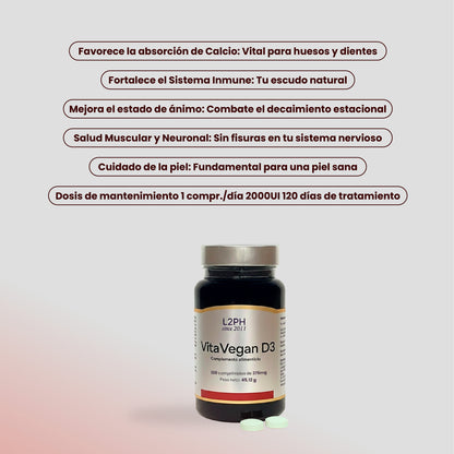 VitaVegan D3 120 comprimidos. Vitamina D 100% vegetal | Tratamiento 2-4 meses | Absorción de calcio | Salud muscular y neuronal | Sistema Inmune.