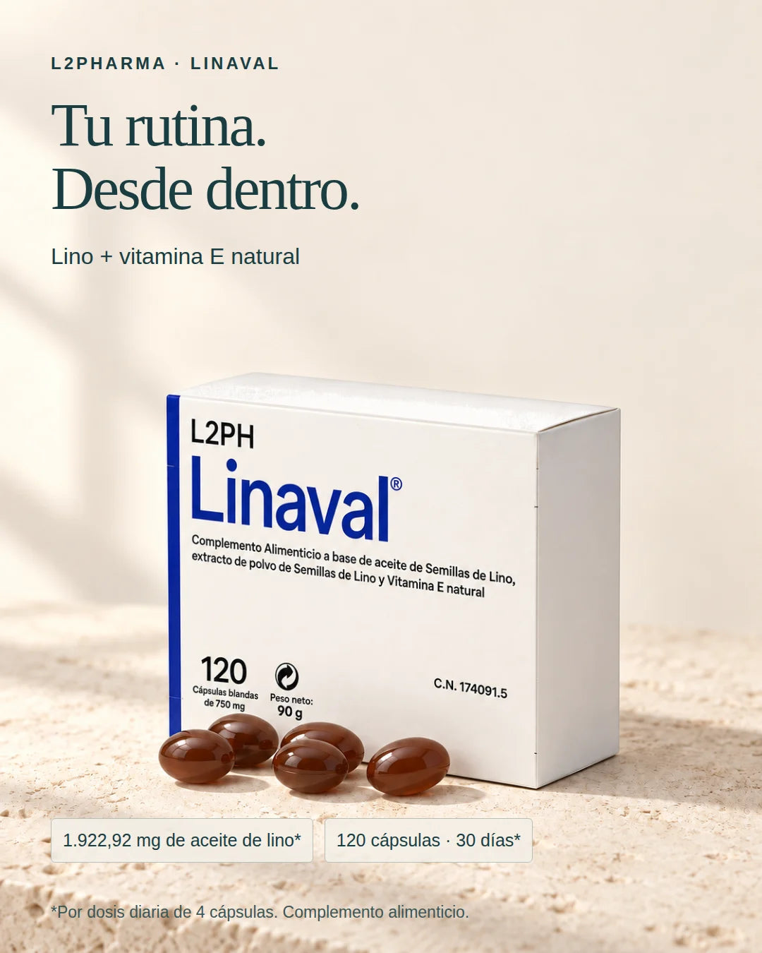 Lino y vitamina E natural. 1.922,92 mg de aceite de lino por dosis de 4 cápsulas. 120 cápsulas: 30 días por caja.