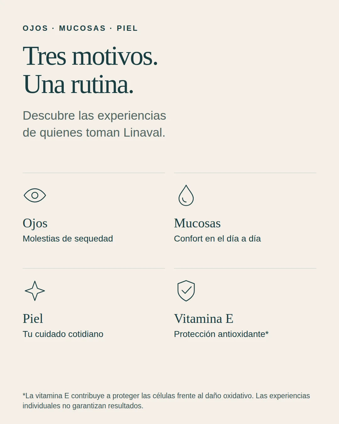 Tres motivos para conocer las experiencias de Linaval: ojos, mucosas y piel. La vitamina E contribuye a proteger las células frente al daño oxidativo.