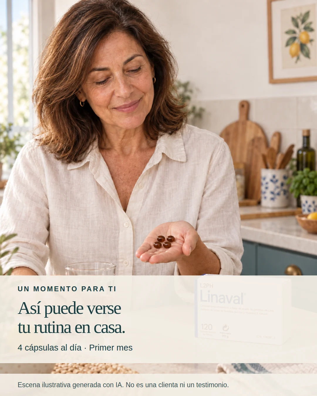 Escena ilustrativa generada con IA, no una clienta ni un testimonio. Mujer en su rutina de mañana con Linaval y cuatro cápsulas.