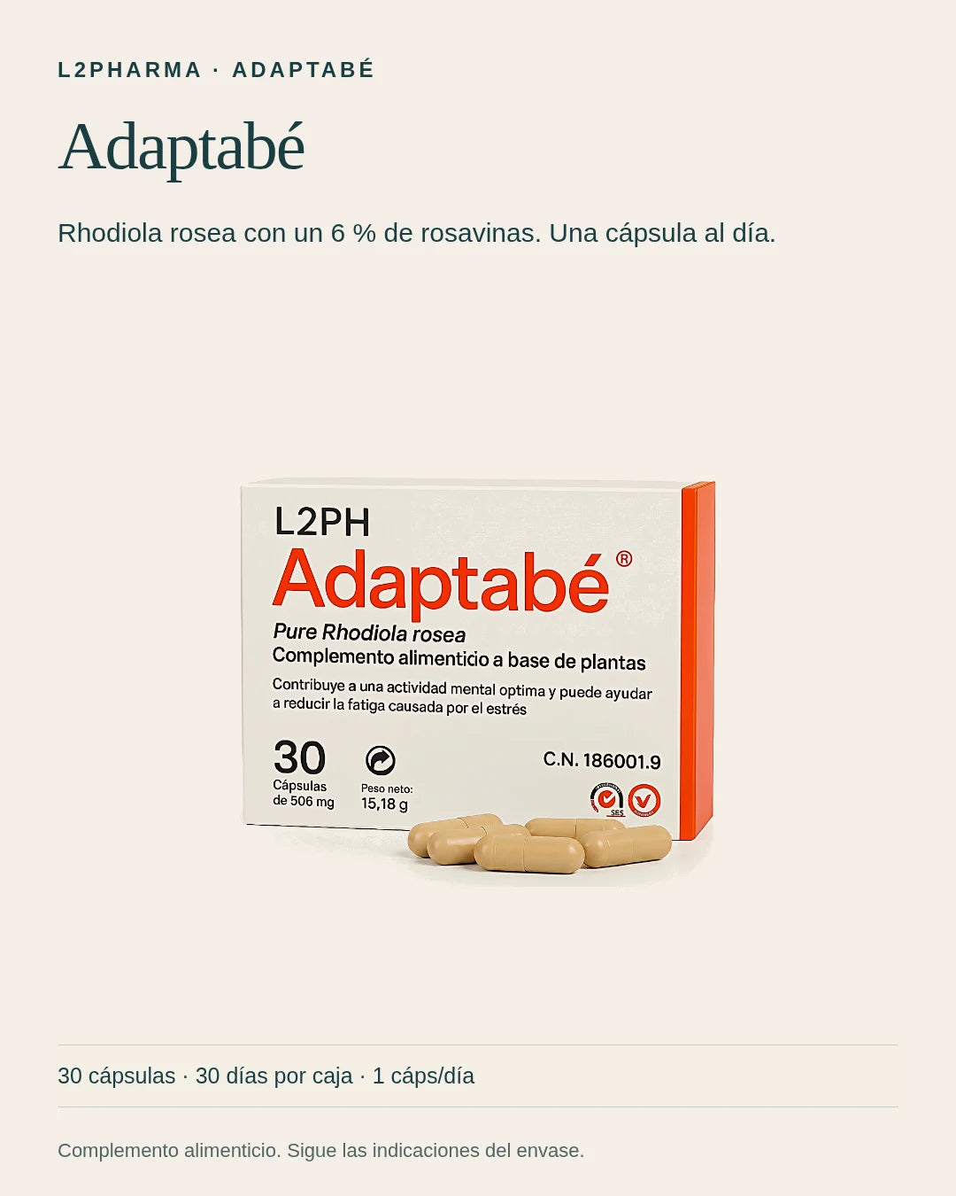 Conoce Adaptabé. Adaptabé es un complemento alimenticio con 250 mg de extracto seco de Rhodiola rosea por cápsula. El extracto está estandarizado al 6 % de rosavinas, equivalente a 15 mg.