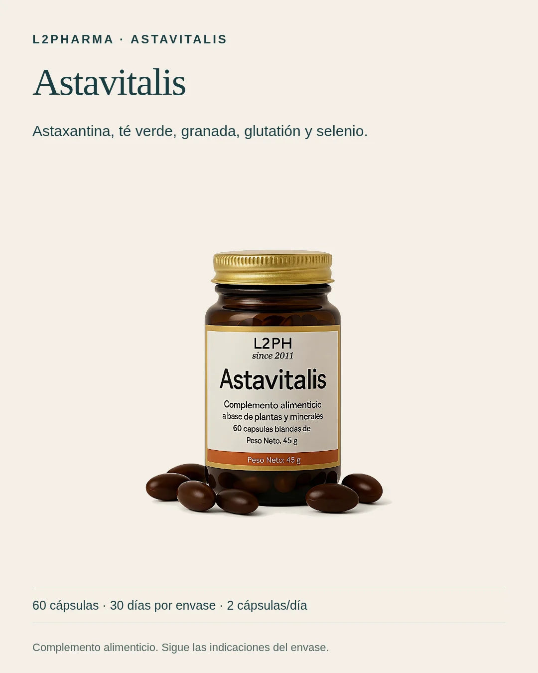 Conoce Astavitalis. Astavitalis es un complemento alimenticio. Astaxantina, té verde, granada, glutatión y selenio. El envase contiene 60 cápsulas.