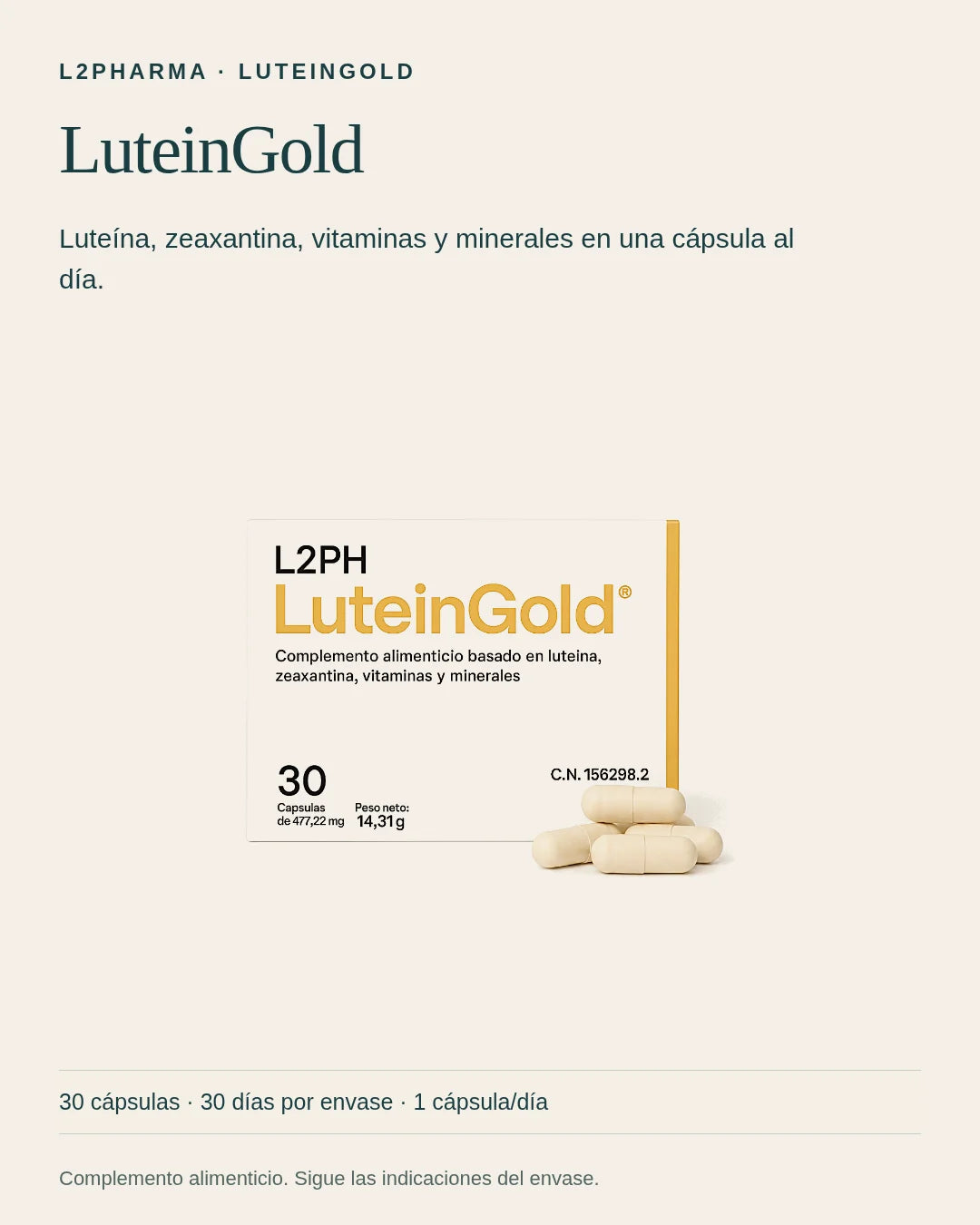 Conoce LuteinGold. LuteinGold es un complemento alimenticio. Luteína, zeaxantina, vitaminas y minerales en una cápsula al día. El envase contiene 30 cápsulas.