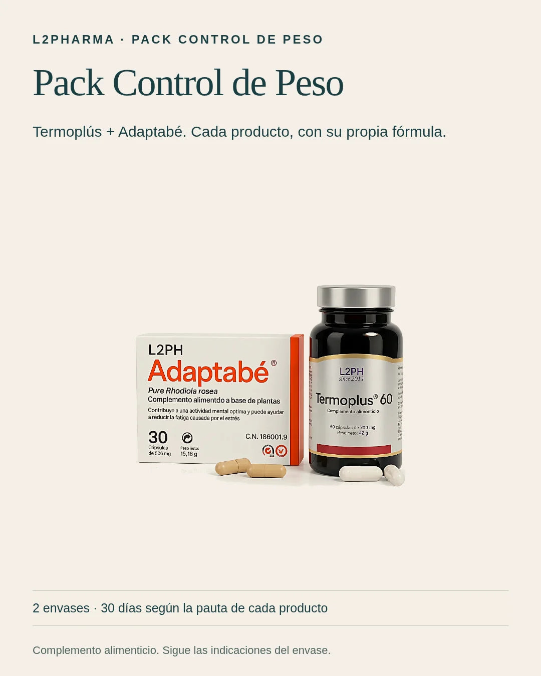Conoce Pack Control de Peso. Este pack reúne 1 × Adaptabé · 30 cáps + 1 × Termoplús · 60 cáps. Revisa la composición y el modo de uso de cada producto.
