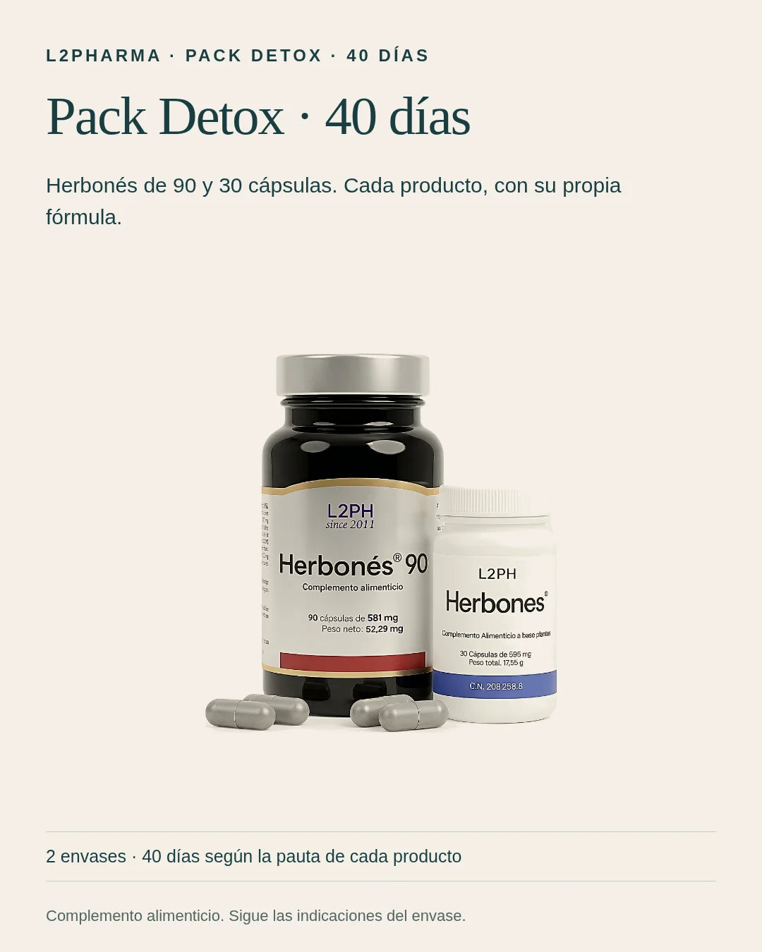 Conoce Pack Detox · 40 días. Este pack reúne 1 × Herbonés · 30 cáps + 1 × Herbonés · 90 cáps. Revisa la composición y el modo de uso de cada producto.