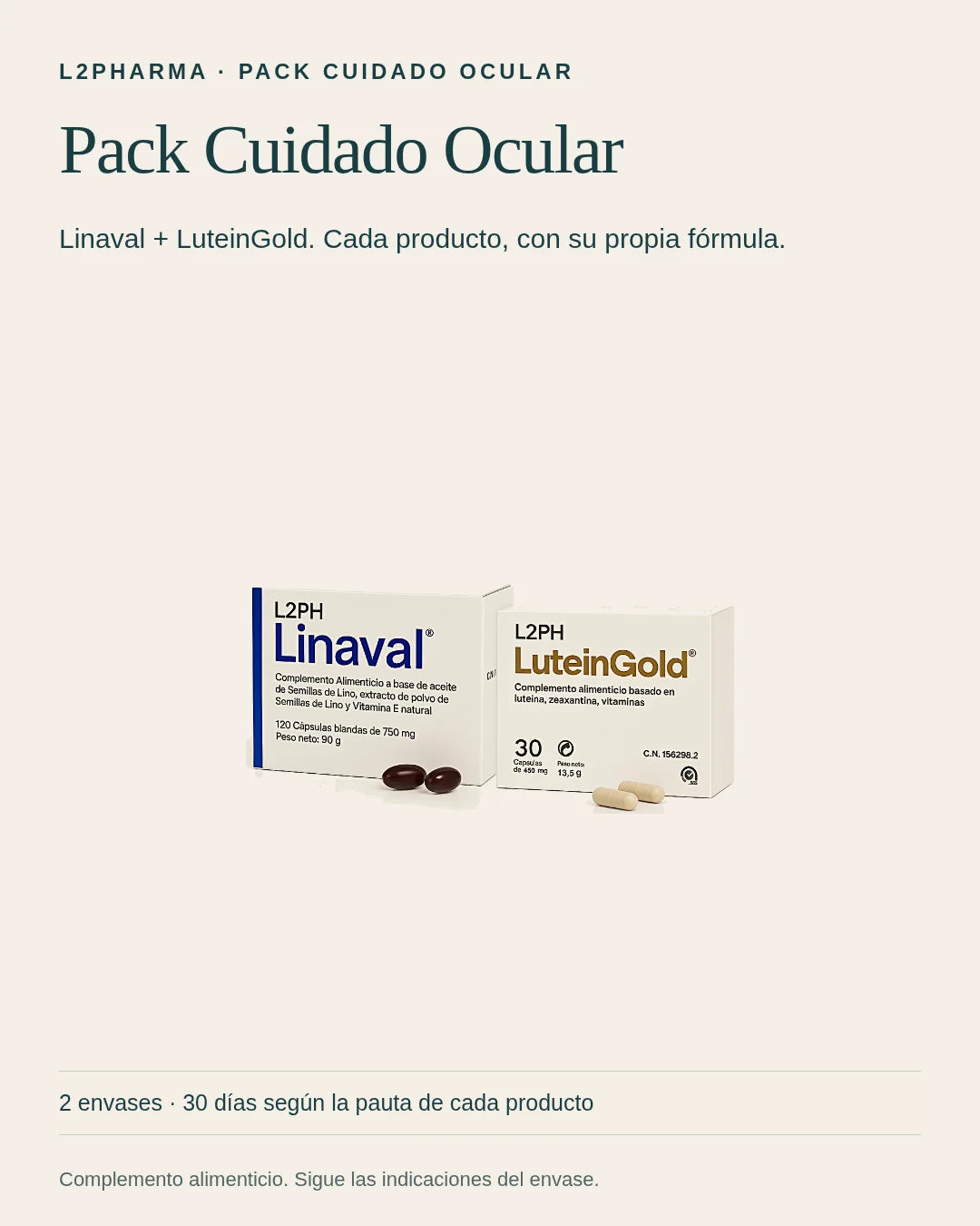 Conoce Pack Cuidado Ocular. Este pack reúne 1 × Linaval · 120 cáps + 1 × Luteingold · 30 cáps. Revisa la composición y el modo de uso de cada producto.