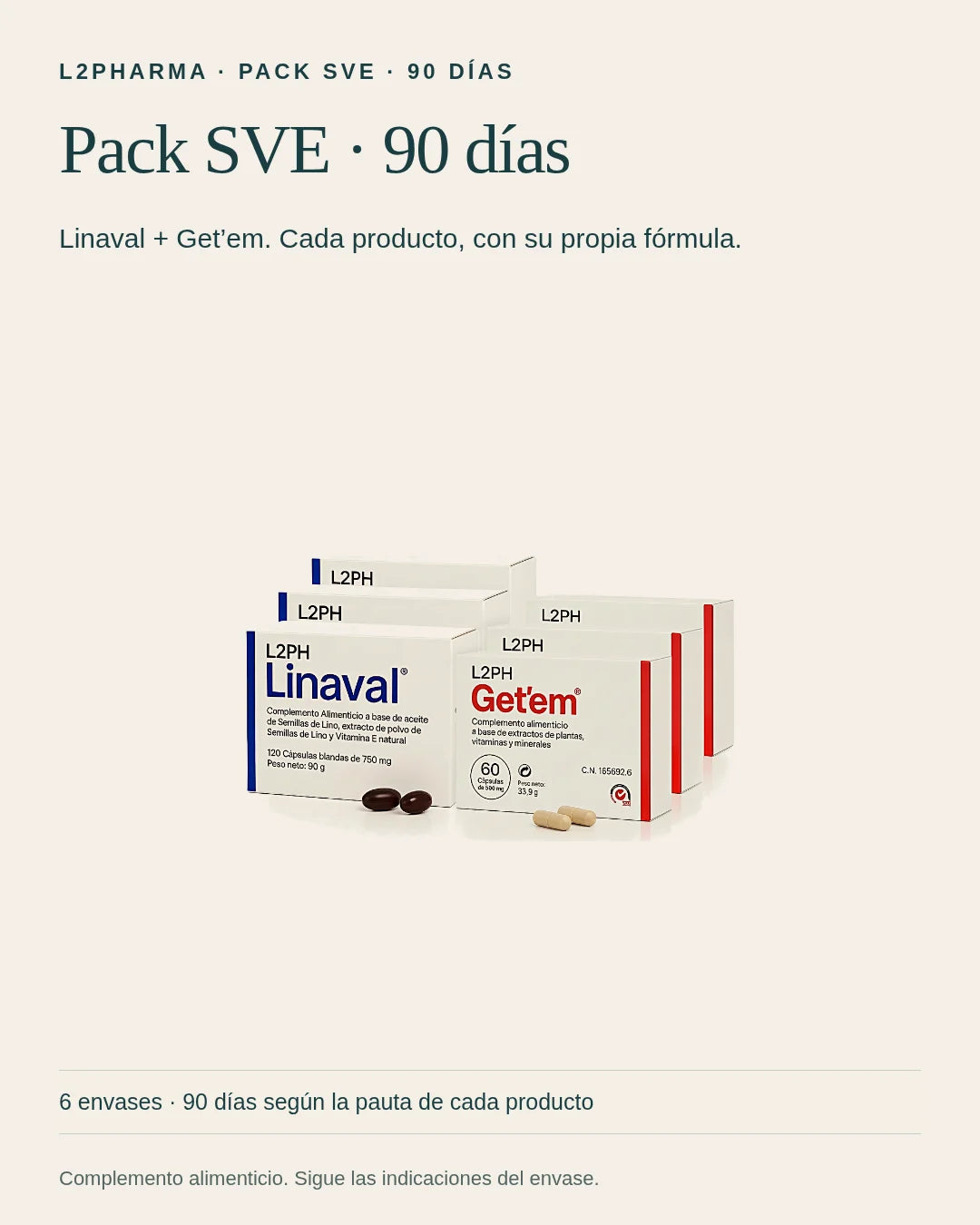 Conoce Pack SVE · 90 días. Este pack reúne 3 × Get'em · 60 cáps + 3 × Linaval · 120 cáps. Revisa la composición y el modo de uso de cada producto.