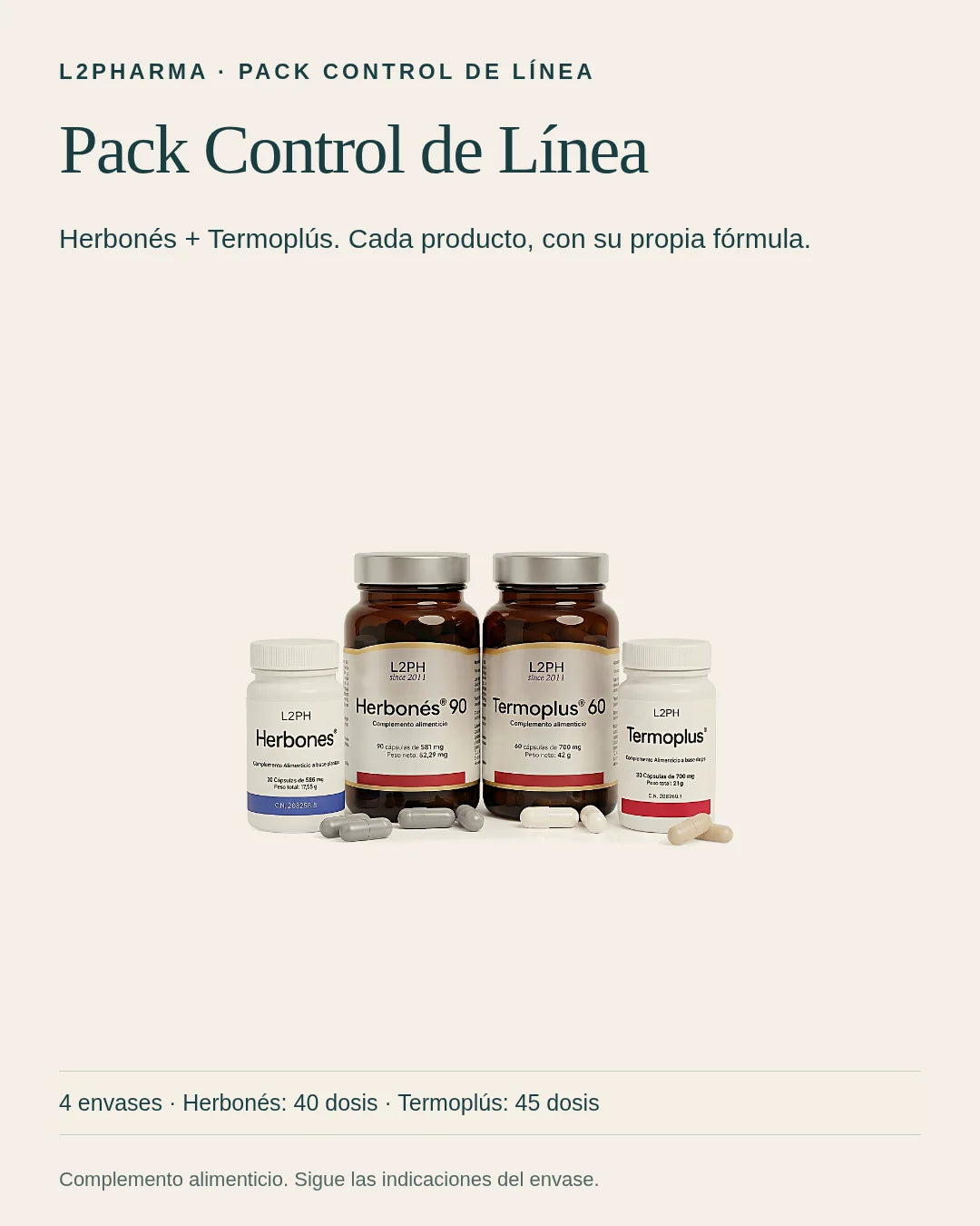 Conoce Pack Control de Línea. Este pack reúne 1 × Herbonés · 30 cáps + 1 × Termoplús · 30 cáps + 1 × Herbonés · 90 cáps + 1 × Termoplús · 60 cáps. Revisa la composición y el modo de uso de cada producto.