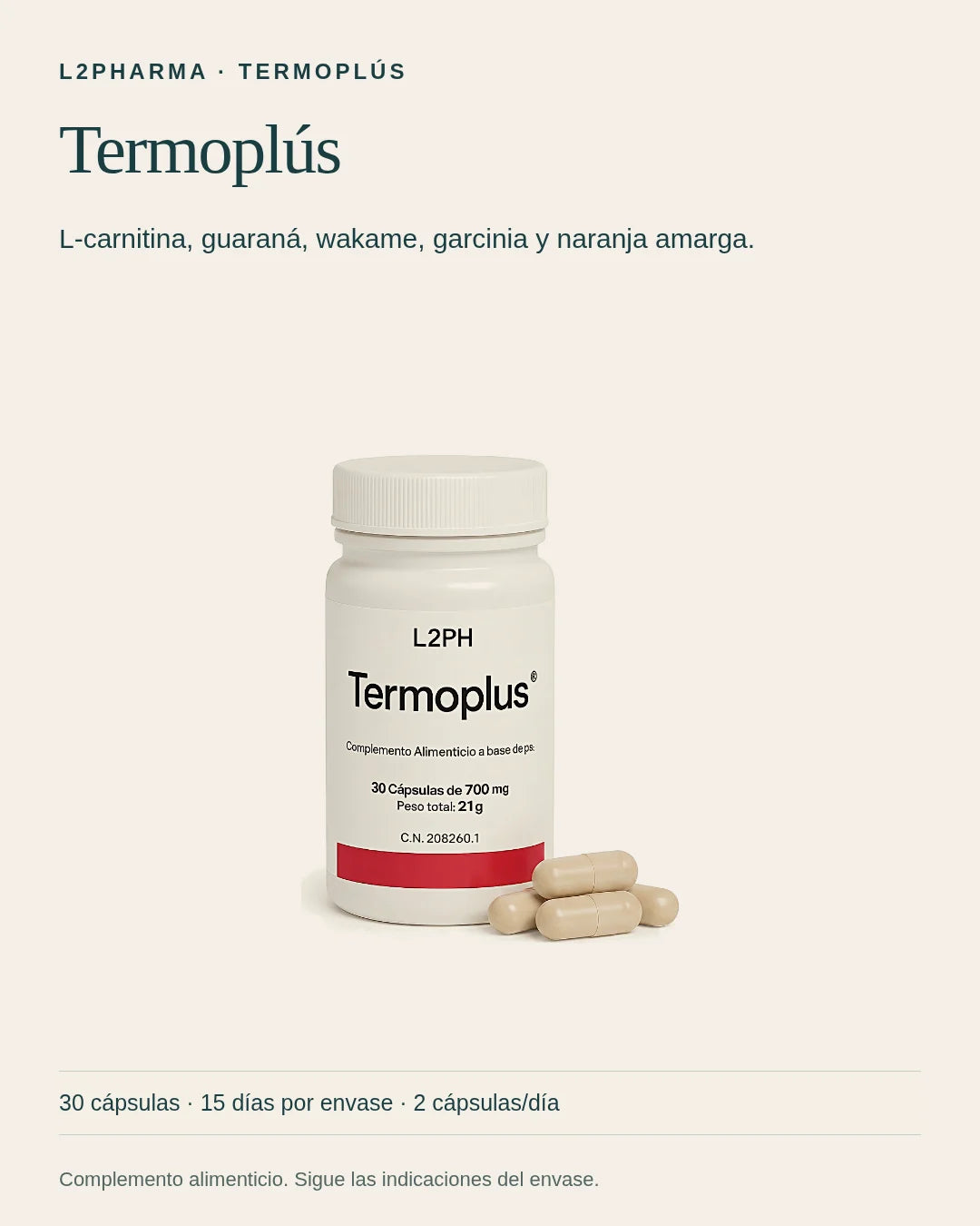 Conoce Termoplús. Termoplús es un complemento alimenticio. L-carnitina, guaraná, wakame, garcinia y naranja amarga. El envase contiene 30 cápsulas.