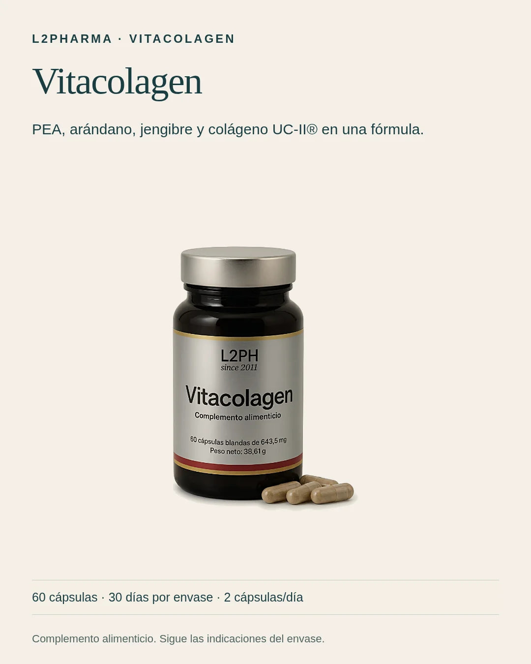 Conoce Vitacolagen. Vitacolagen es un complemento alimenticio. PEA, arándano, jengibre y colágeno UC-II® en una fórmula. El envase contiene 60 cápsulas.