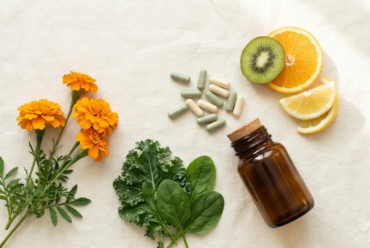 Bodegón ilustrativo de ingredientes de Lutein10 DHA
